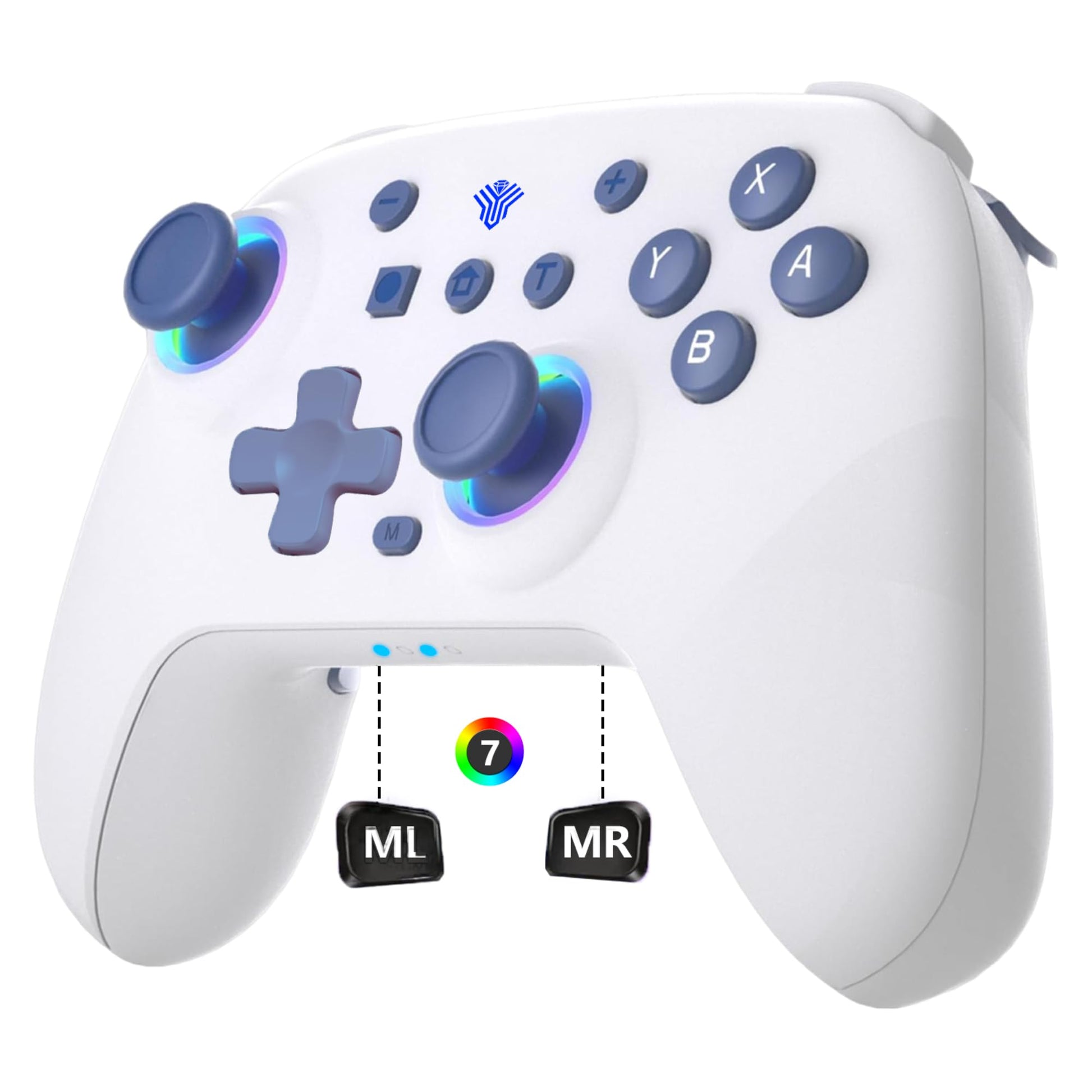 SZYUYU Switch Controller for Switch 2 Switch Pro Controller for Switch/OLED/Lite/PC with 7 Colors LED Light/3-level TURBO Adjustable 4-Speed Dual Vibration  Support Wake Up and Gyro Axis Motion (White)