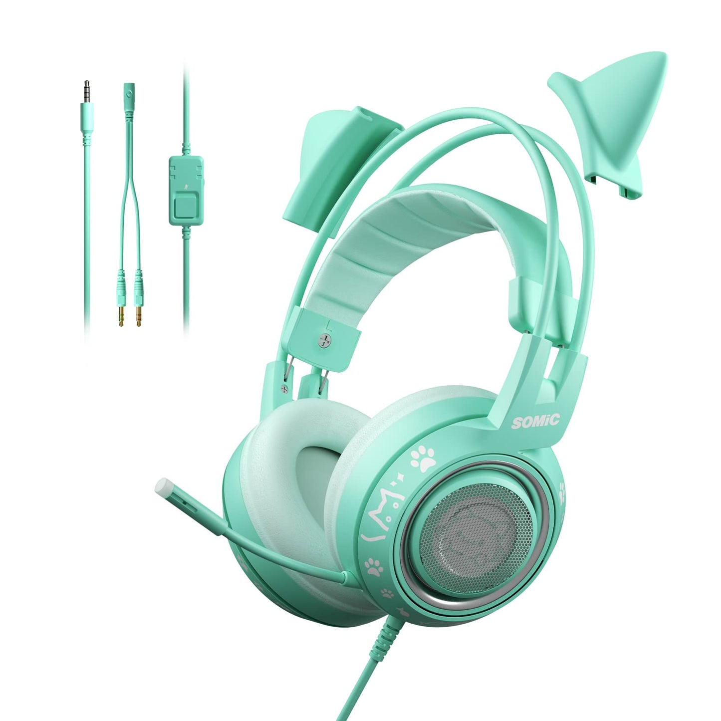 SOMIC G951S Green Gaming Headset - Cat Ear Over Ear Headphones with Microphone for PS4, PS5, Xbox One, PC, 3.5mm, Stereo Sound