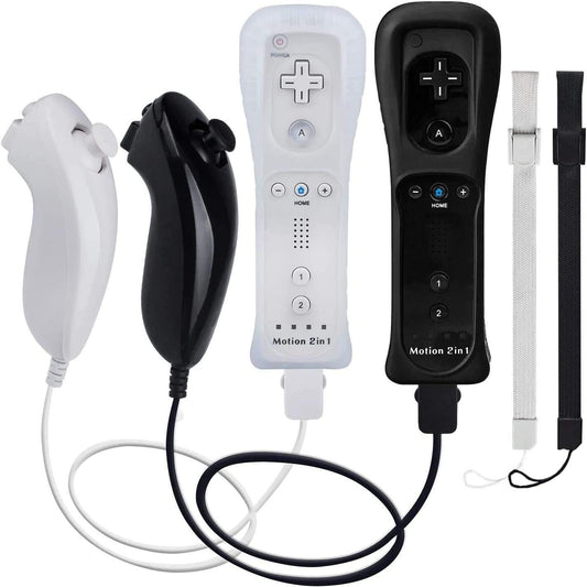 TechKen Wii Remote Controller Set - 2 Remotes with Motion Sensor Plus & 2 Nunchucks - Black & White
