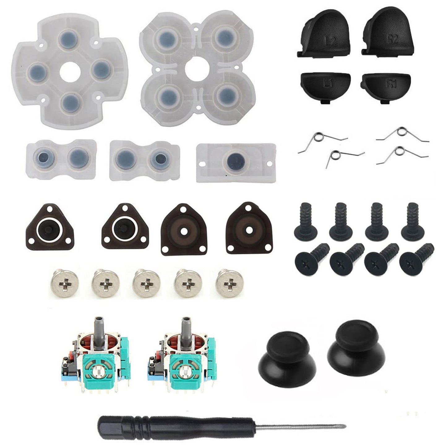 Onyehn L1 R1 L2 R2 control button Springs Replacement Parts Buttons 3D Analog Joysticks Thumb Sticks Cap Conductive Rubber Screwdriver Kit for PlayStation 4 PS4 Controller(JDS-001)