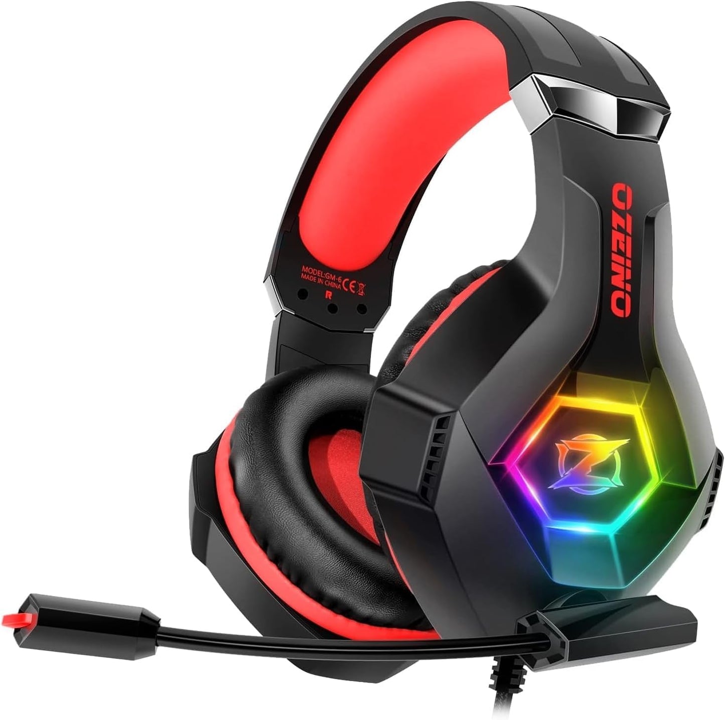 Ozeino Gaming Headset - 7.1 Surround Sound, Noise Cancelling Mic, RGB Light, Over Ear, Red, Model ZW1 for PC, PS4, PS5, Xbox