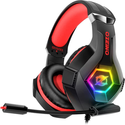 Ozeino Gaming Headset - 7.1 Surround Sound, Noise Cancelling Mic, RGB Light, Over Ear, Red, Model ZW1 for PC, PS4, PS5, Xbox