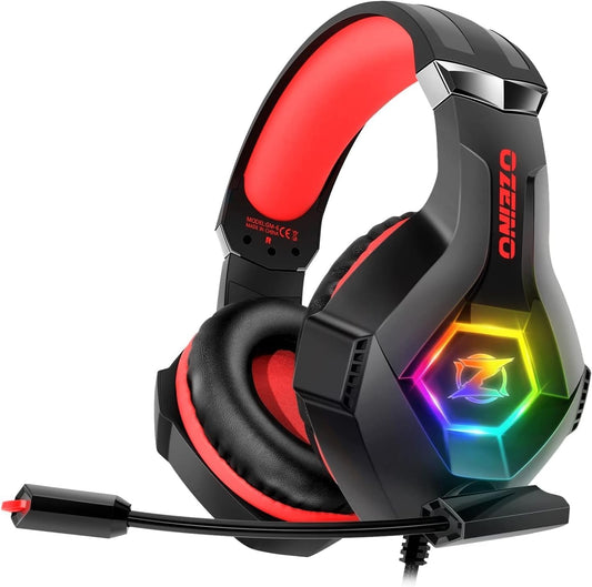 Ozeino Gaming Headset - 7.1 Surround Sound, Noise Cancelling Mic, RGB Light, Over Ear, Red, Model ZW1 for PC, PS4, PS5, Xbox