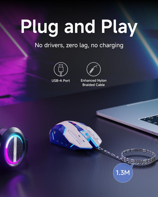 SEUNKWANG G10 Wired Gaming Mouse with RGB Backlight, 3200 DPI, Ergonomic Design, White-Blue