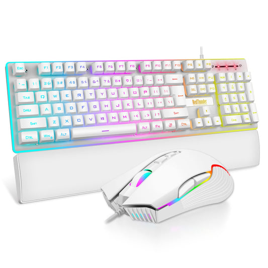 RedThunder K10 Wired Gaming Keyboard and Mouse and Wrist Rest Combo  RGB Backlit  Mechanical Feel Anti-ghosting Keyboard + 7D 7200 DPI Mice+Soft Leather Wrist Rest 3 in 1 PC Gamer Accessories(White)