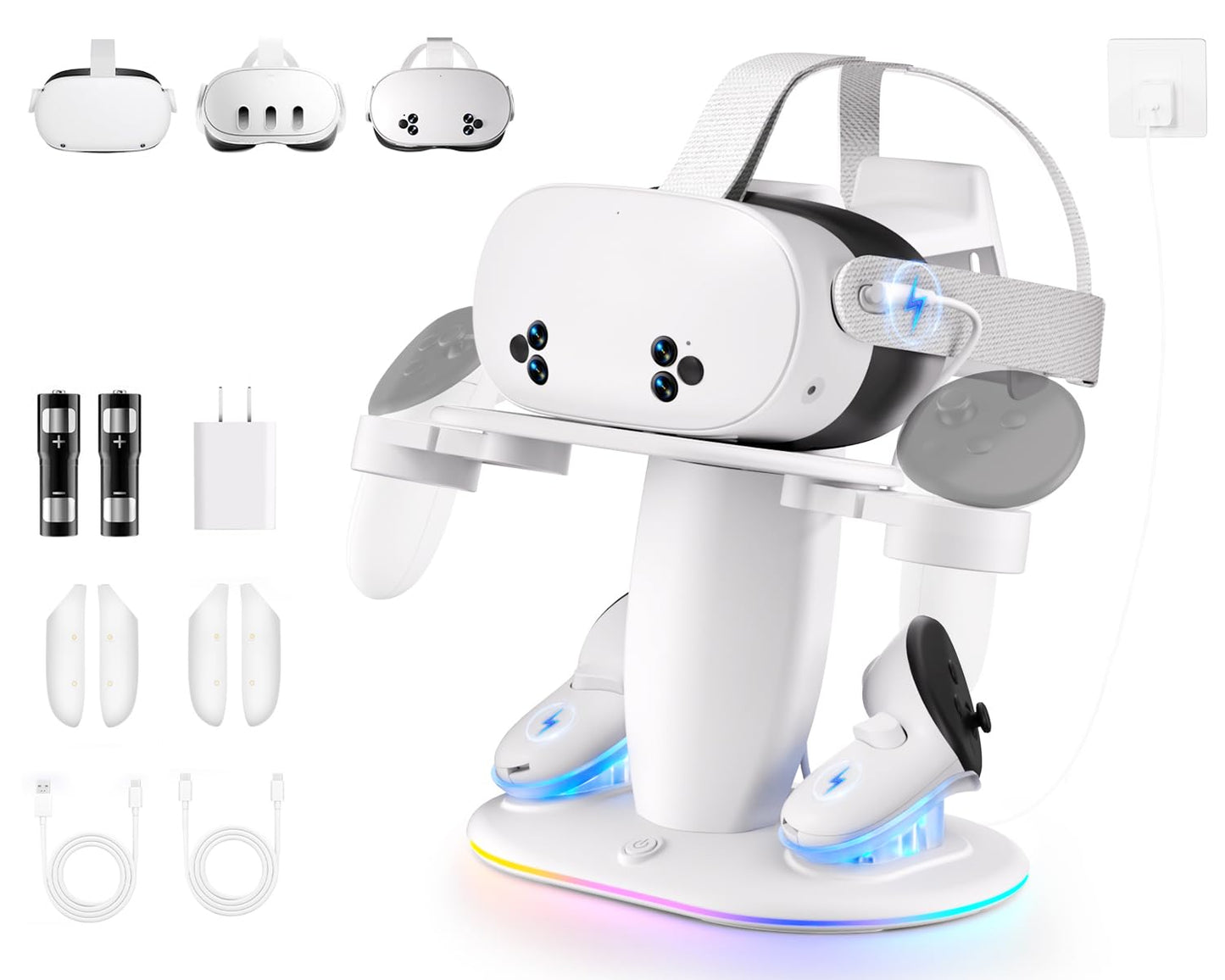 Saqico Fast Charging Dock for Meta Quest 2/3/3S VR Headset & Controllers, RGB Station with 2 Rechargeable Batteries & UL Adapter