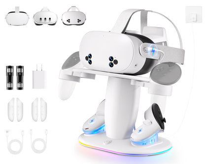 Saqico Fast Charging Dock for Meta Quest 2/3/3S VR Headset & Controllers, RGB Station with 2 Rechargeable Batteries & UL Adapter