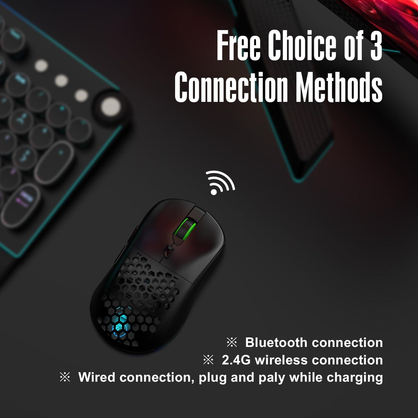 RAZEAK Ultra Custom Wireless Gaming Mouse RM-X08, 26000 DPI, Triple-Mode (Wired+2.4G+BT5.0), Black