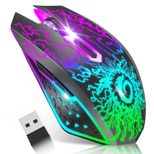 VersionTECH. Wireless Gaming Mouse  Rechargeable Computer Mouse Mice with Colorful LED Lights  Silent Click  2.4G USB Nano Receiver  3 Level DPI for PC Gamer Laptop Desktop Chromebook Mac-Black