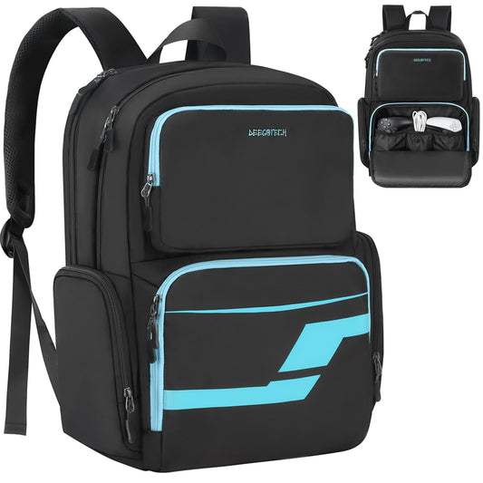 Deegotech PS5 Carrying Case - Travel Backpack with Multiple Pockets, 12.5x6.5x17.5 inches, Black & Blue, Model 614100BBE00