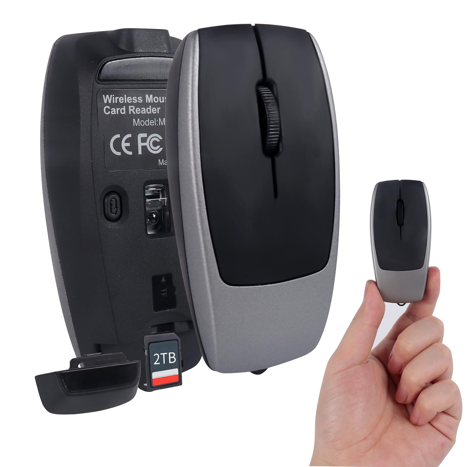 Mini Bluetooth Wireless Mouse with TF Card Reader  Rechargeable  Silent Click  Portable for Laptop  PC  Travel  Office & Home Use (Grey)