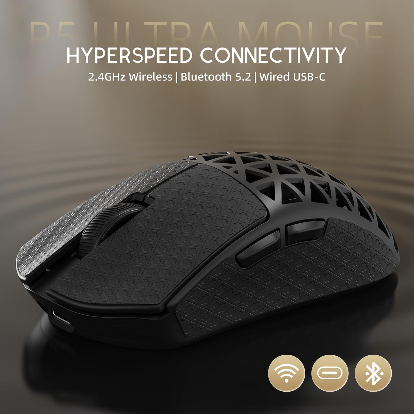 ATTACK SHARK R5 Ultra Wireless Gaming Mouse - 39g Superlight, 8K Polling, 42K DPI, Carbon Fiber, Black & Griptape