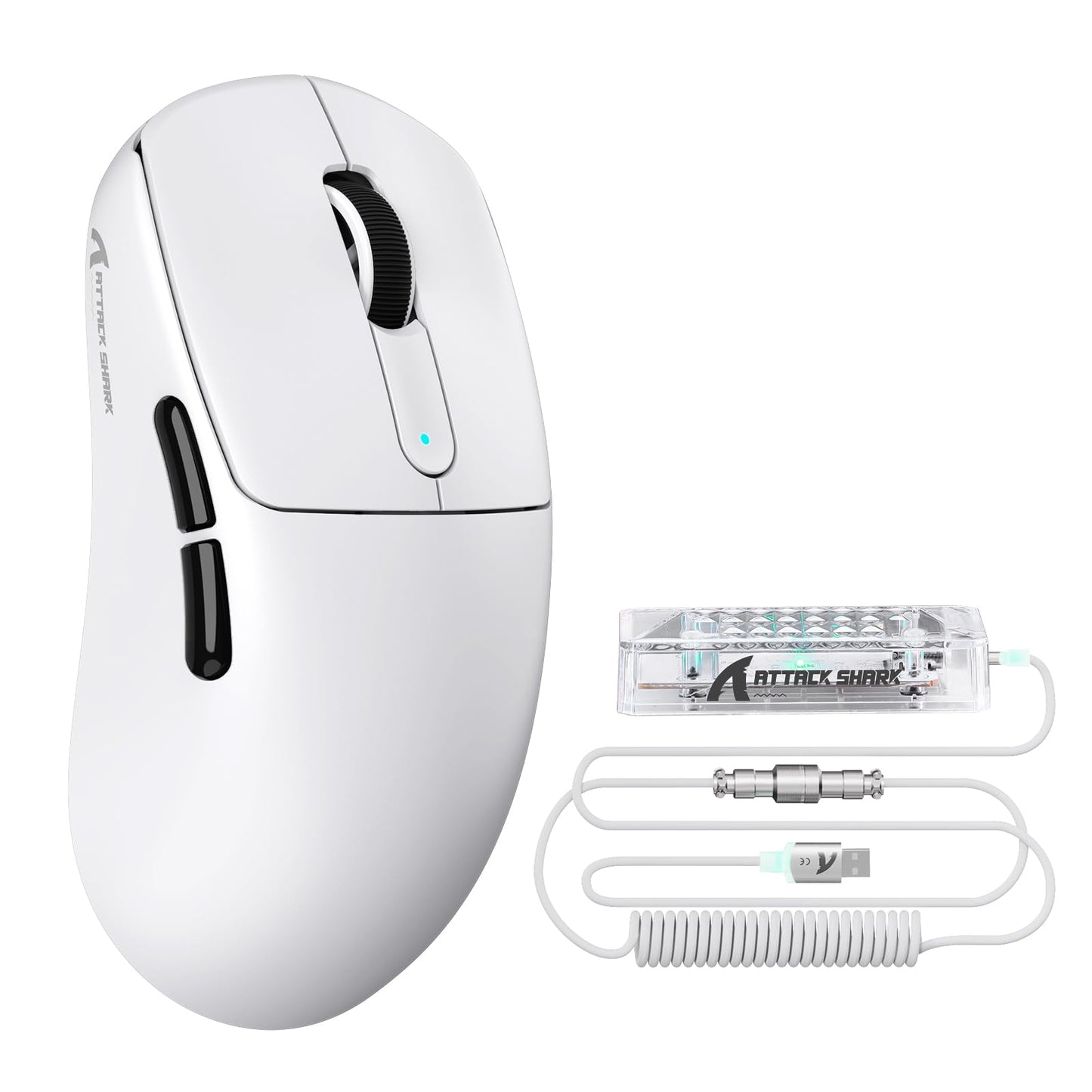 ATTACK SHARK V5 Wireless Gaming Mouse 55g Ultra-Lightweight PAW3950MAX 42K DPI Sensor 8000Hz Polling Rate Tri-Mode-Bluetooth/2.4Ghz/Wired Mice with Coiled Cable for Large Hand-White