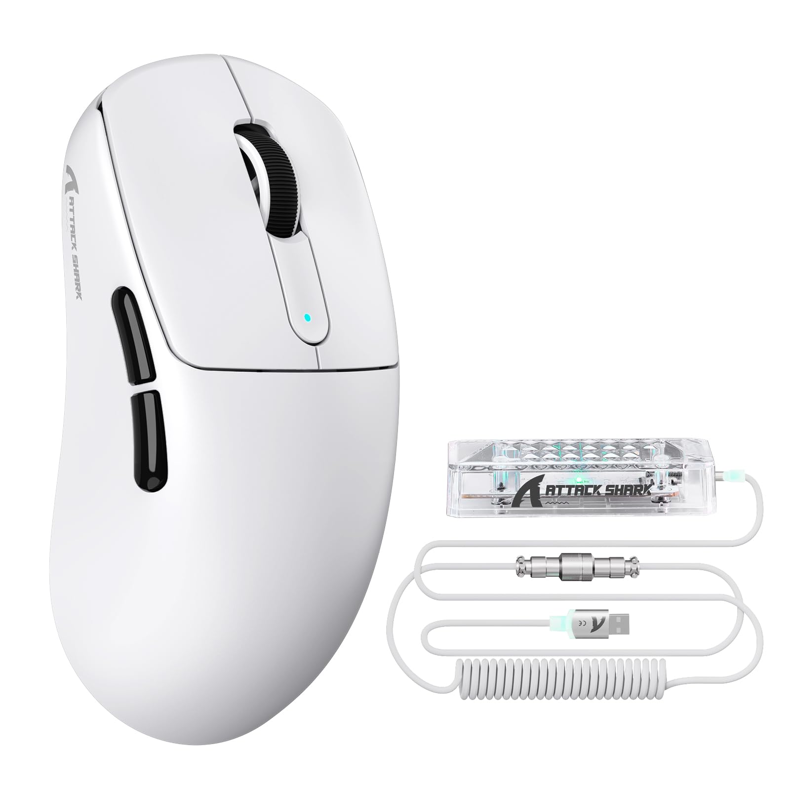 ATTACK SHARK V5 Wireless Gaming Mouse 55g Ultra-Lightweight PAW3950MAX 42K DPI Sensor 8000Hz Polling Rate Tri-Mode-Bluetooth/2.4Ghz/Wired Mice with Coiled Cable for Large Hand-White