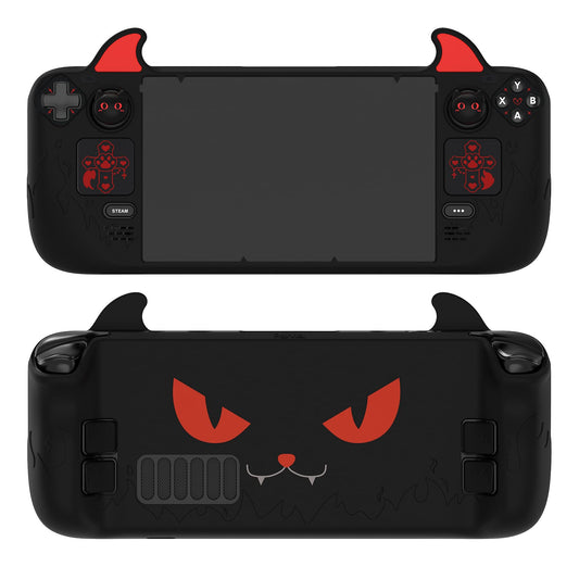 PlayVital Cute Demon Protective Case for Steam Deck LCD & OLED  Kawaii Anti-Slip Protector for Steam Deck OLED with Thumb Grip Caps & Trackpads Stickers & Back Button Enhancement Set - Black