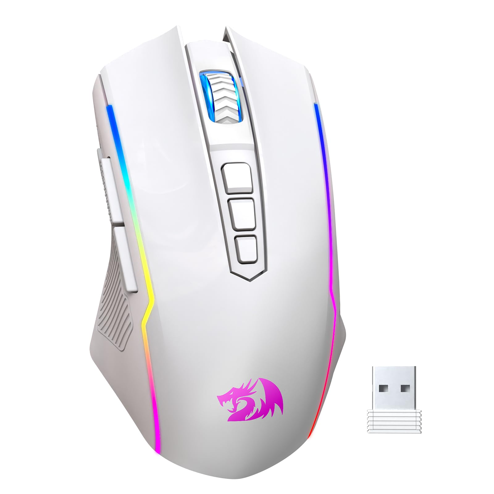 Redragon Wireless Gaming Mouse  Tri-Mode 2.4G/USB-C/Bluetooth Mouse Gaming  12000 DPI  RGB Backlit  Fully Programmable  Rechargeable Wireless Computer Mouse for Laptop PC Mac  White