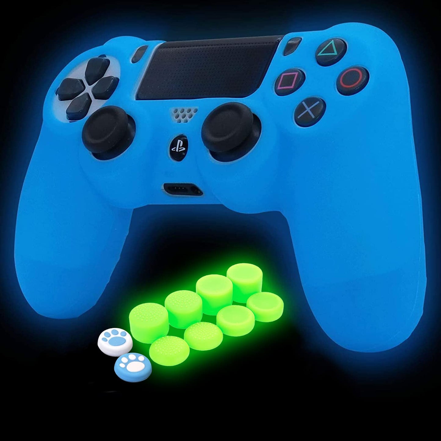 HLRAO PS4 Controller Skin - Glow Blue Silicone Grip Case with 8 Glow in Dark Thumb Grips + 2 Cat Paw Caps - Model SM-944