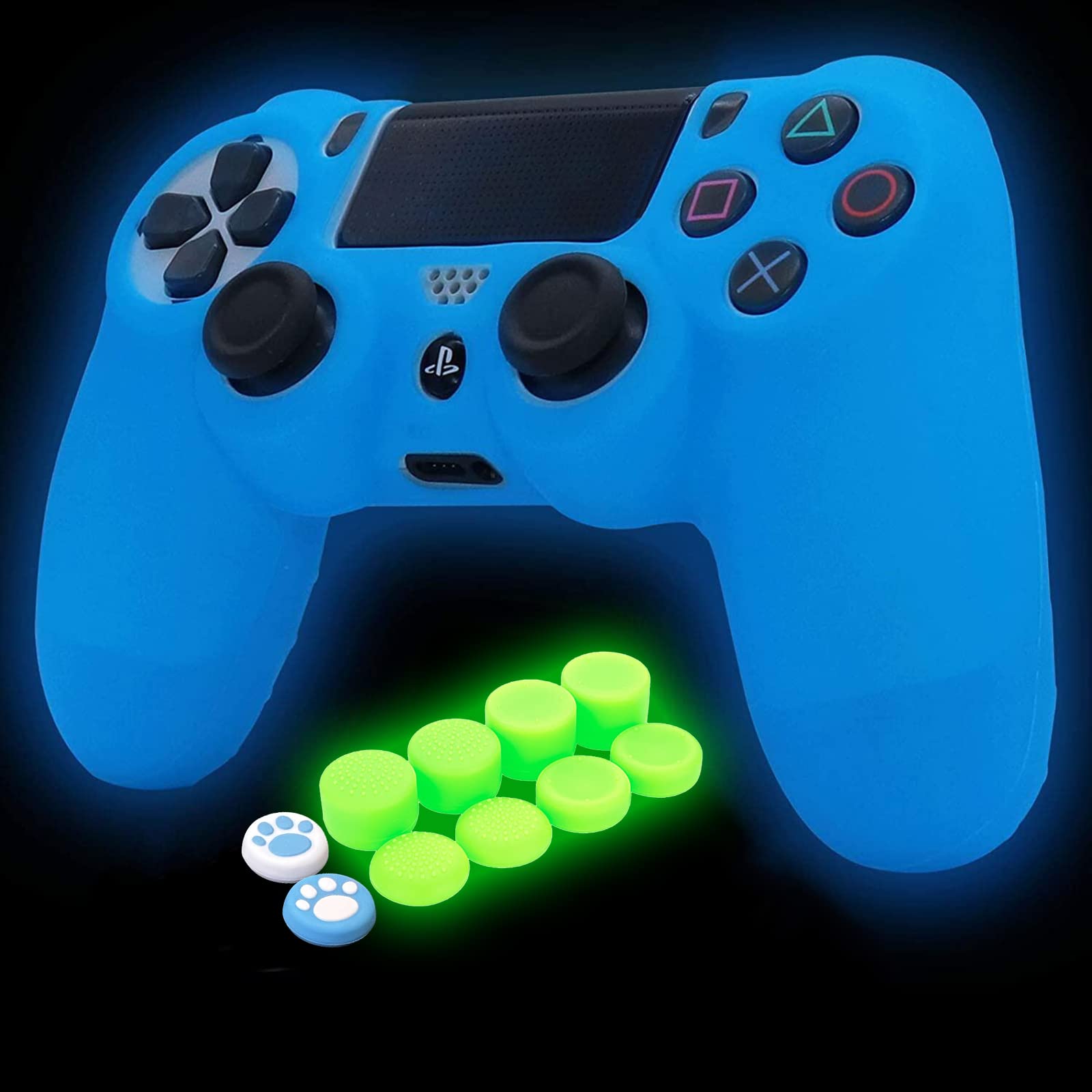 HLRAO PS4 Controller Skin - Glow Blue Silicone Grip Case with 8 Glow in Dark Thumb Grips + 2 Cat Paw Caps - Model SM-944