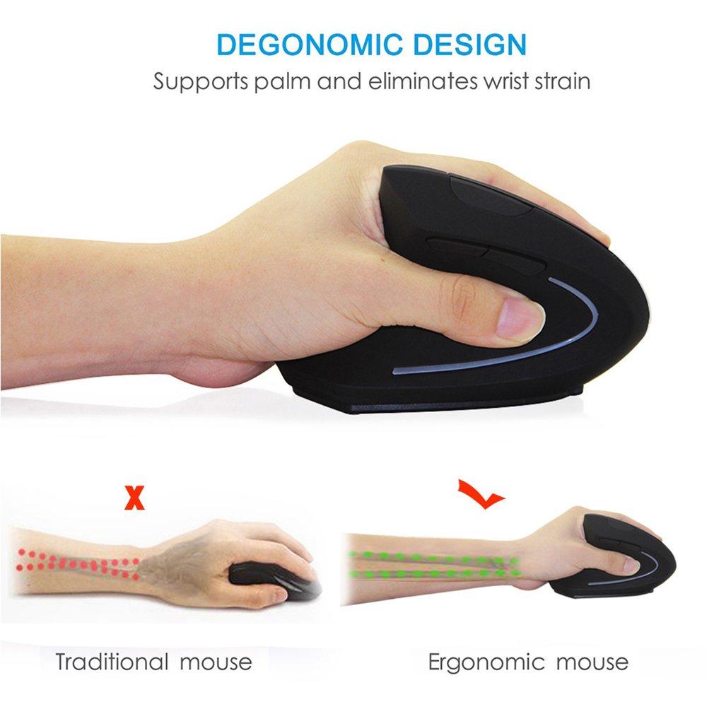 SHARE SUNSHINE Wireless Ergonomic Vertical Left-Handed Mouse, 1600 DPI, LED Light, Black - Lightweight Optical Mouse for PC/Mac