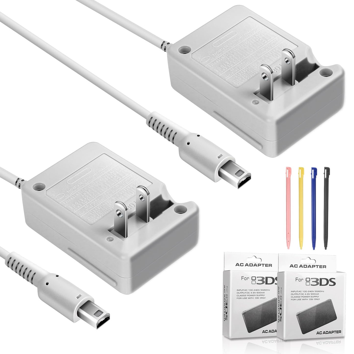 Pywenlo 2 Pcs DSi Charger and Stylus Pen Set  Compatible with Nintendo DSi/3DS/2DS XL  100-240V AC Adapter with 45.2in Long Cable  4 Replacement Stylus  Safe Fast Charging  Auto Voltage Adjustment (2)