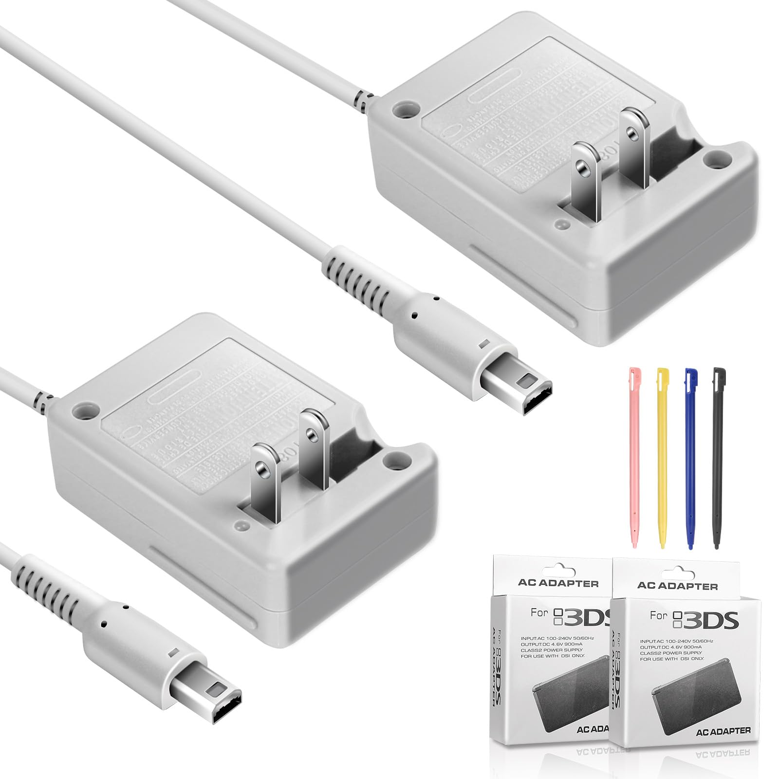 Pywenlo 2 Pcs DSi Charger and Stylus Pen Set  Compatible with Nintendo DSi/3DS/2DS XL  100-240V AC Adapter with 45.2in Long Cable  4 Replacement Stylus  Safe Fast Charging  Auto Voltage Adjustment (2)