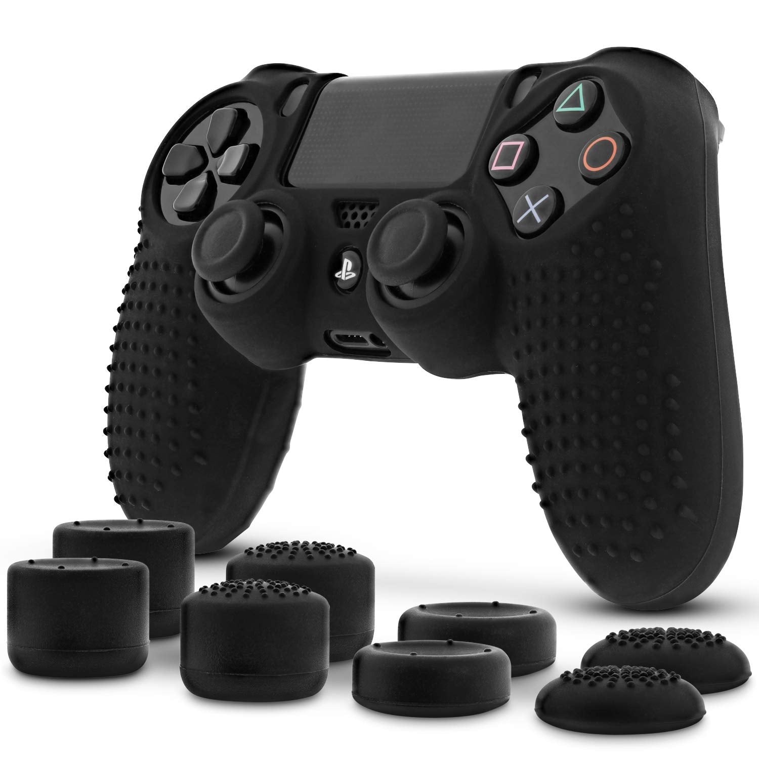 Fosmon PS4 Controller Skin with 8 Thumb Grips, Anti-Slip Silicone Cover, Black - Model SGEL81704