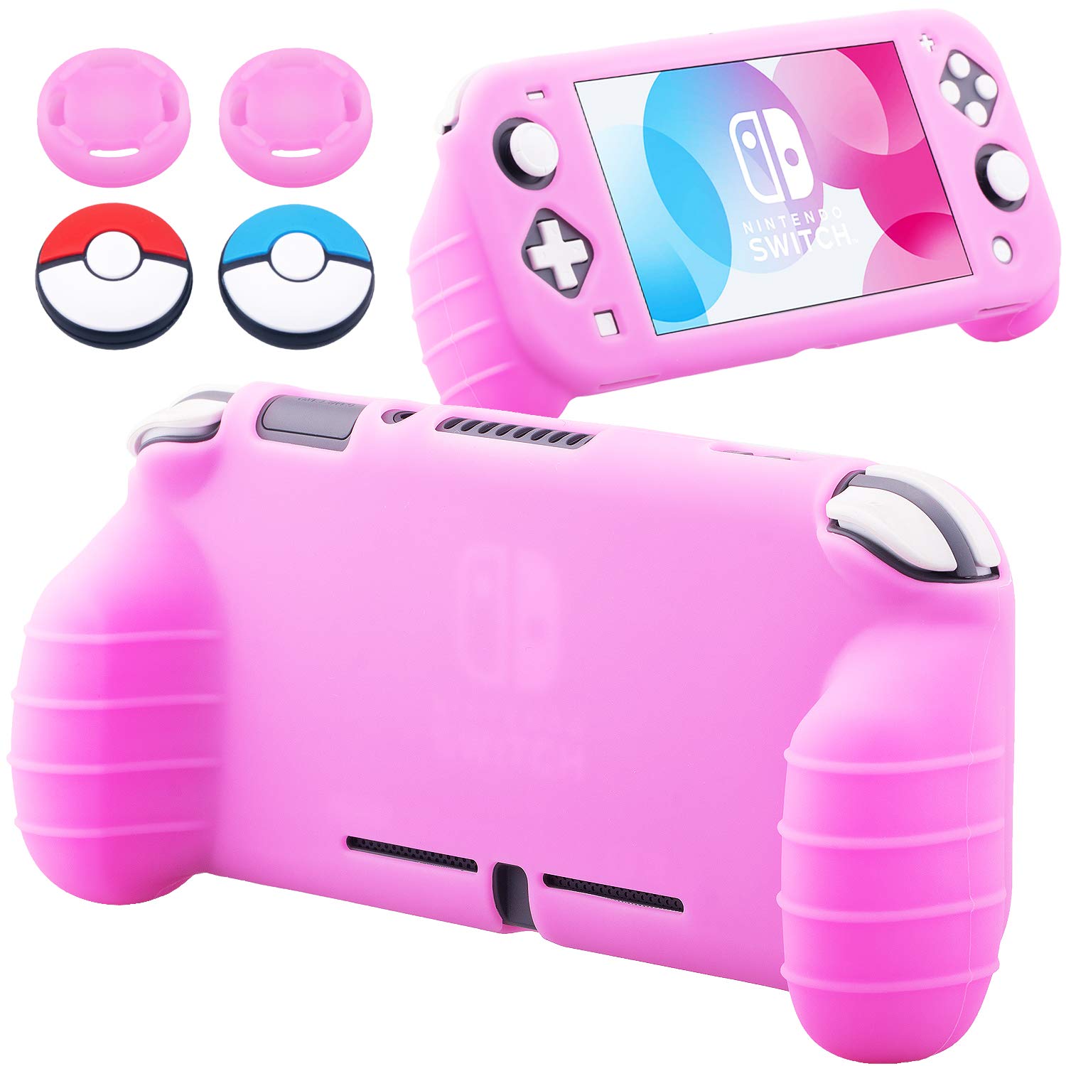 YoRHa Handle Grip Soft Silicone Rubber Protective Cover Case (Pink) x 1 and Thumbsticks x 4 for Nintendo Switch Lite [9.2019 Slim Model]