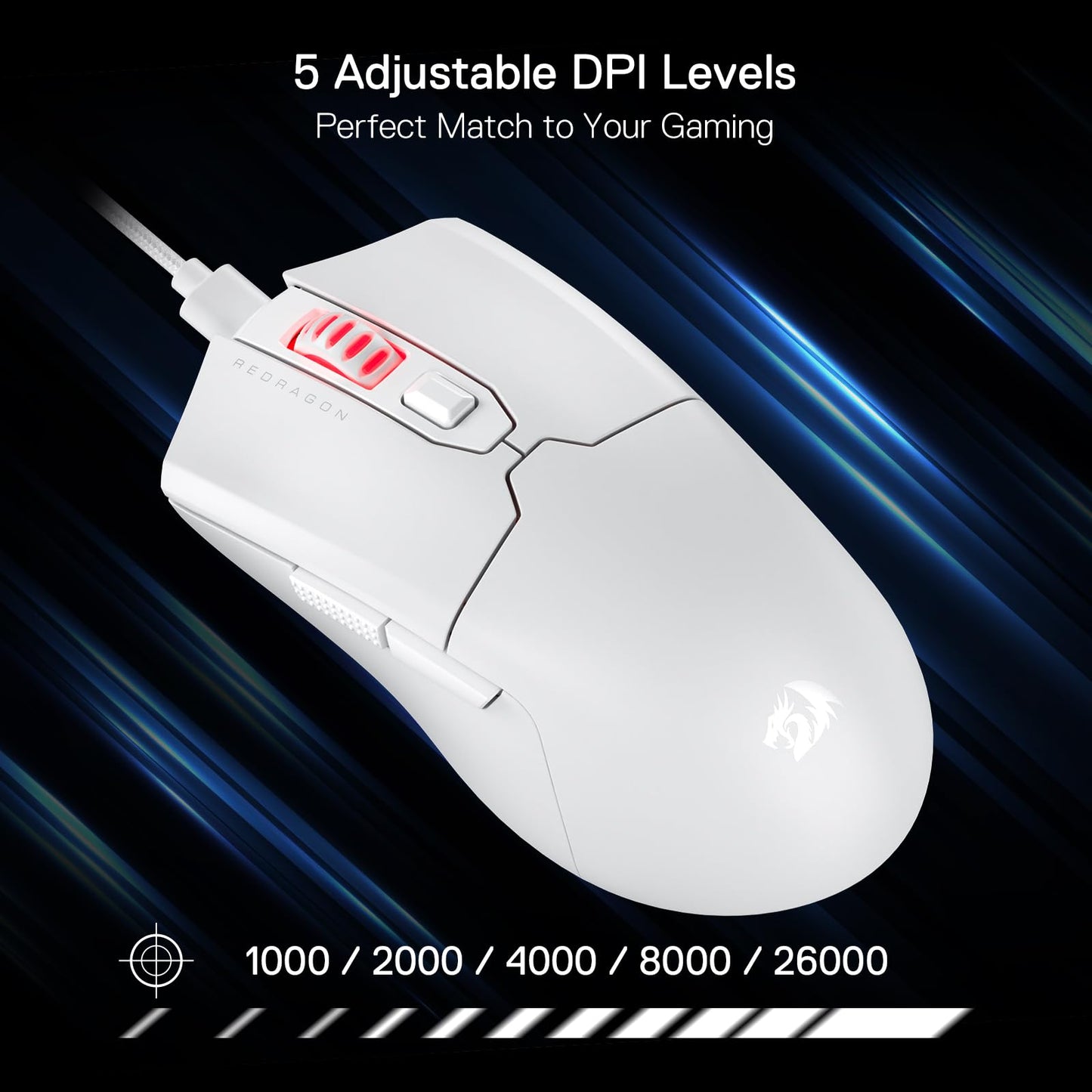 Redragon M995 Wired Gaming Mouse - 26000 DPI, 6 Programmable Buttons, 5 Backlit Modes, Ultra Lightweight, White