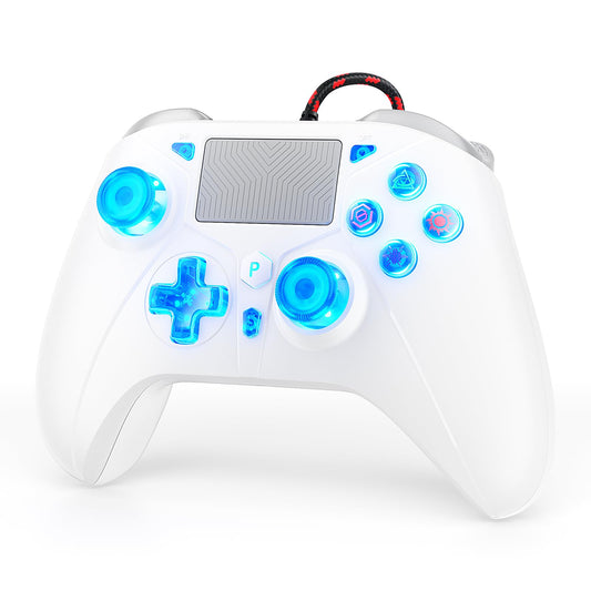 Gamrombo LED Wired Controller for PS5/PS5 Pro, 10ft Cable, White, Compatible with PS4/PC, 3.5mm Jack, Dual Vibration, Macro Function