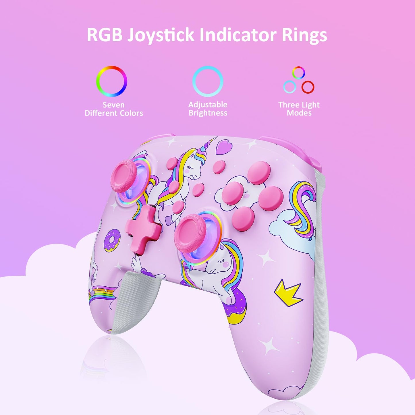 NexiGo Wireless Controller for Switch 2 & Switch, Bluetooth, Vibration, Motion, Turbo, LED Light, Pink Unicorn, Model NS32-A7