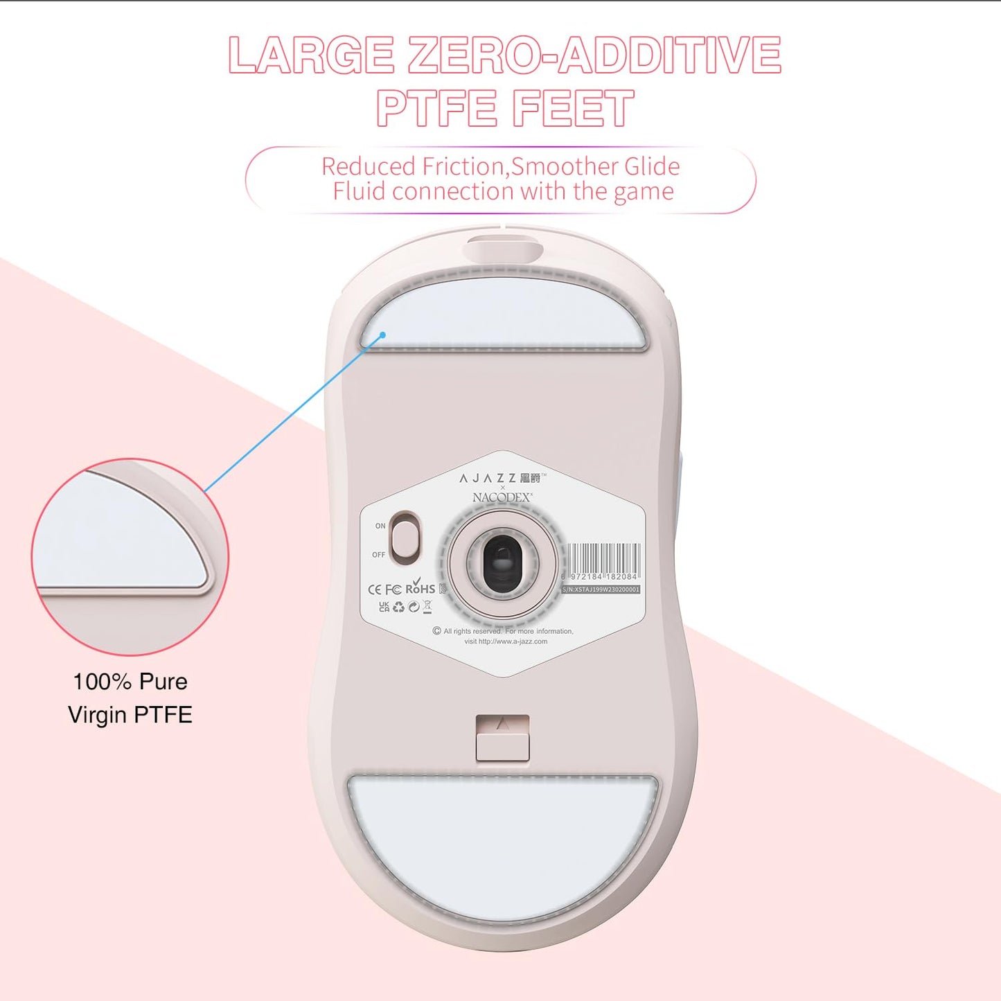 Ajazz Wireless Gaming Mouse - 26000DPI, 6 Macro Buttons, USB-C Rechargeable, Ultralight 59g, Pink