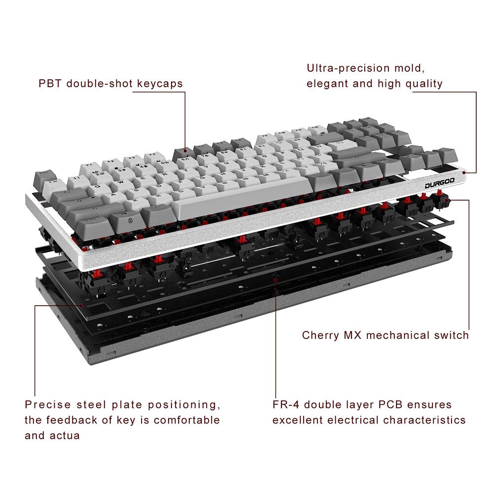 DURGOD K310_US Mechanical Keyboard - Cherry MX Brown, N-Key Rollover, 104 Keys, Type C, White, PBT Keycaps for Gamers & Typists