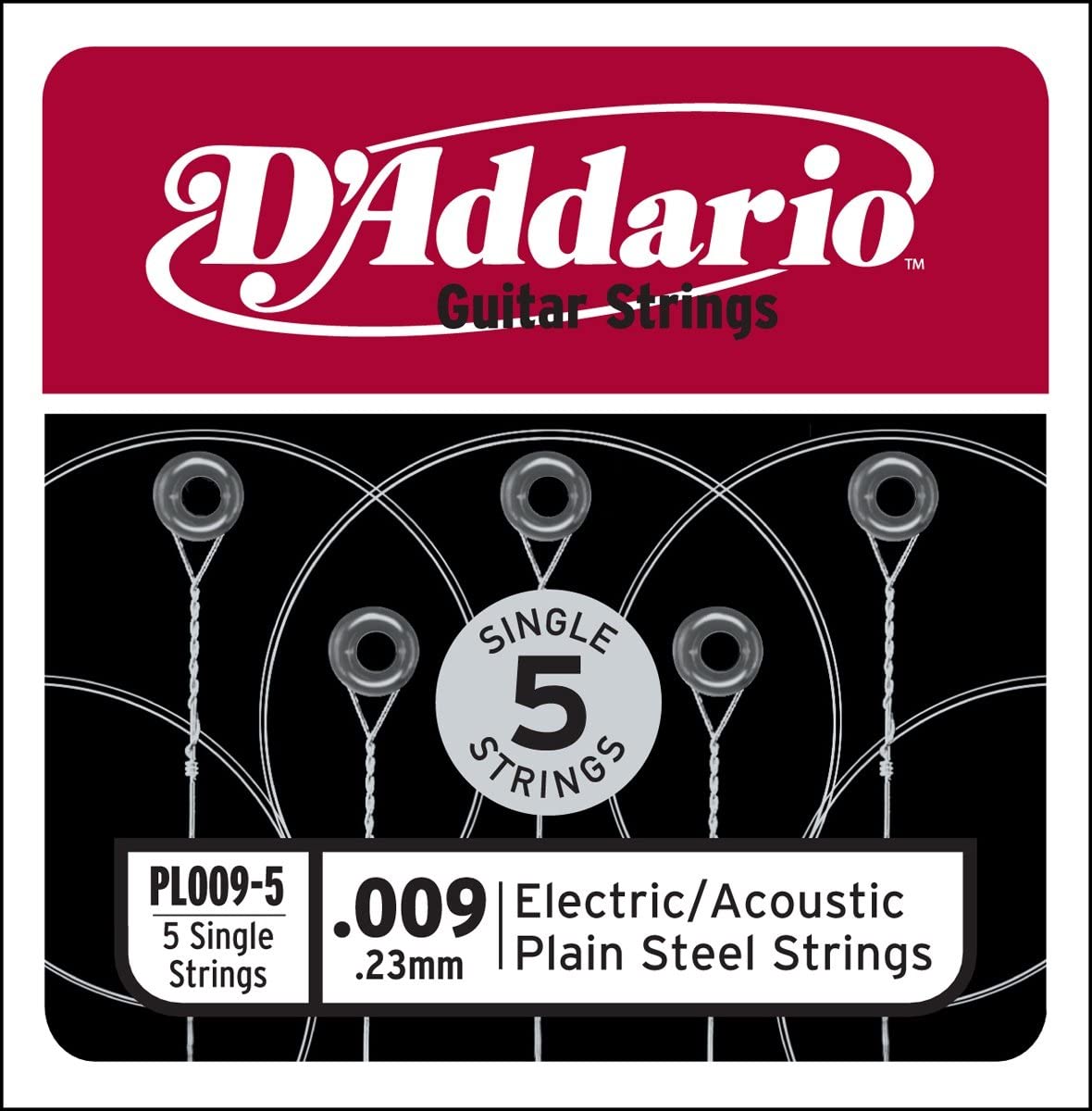 DAddario PL009-5 Plain Steel Guitar Single String, 009, 5-pack