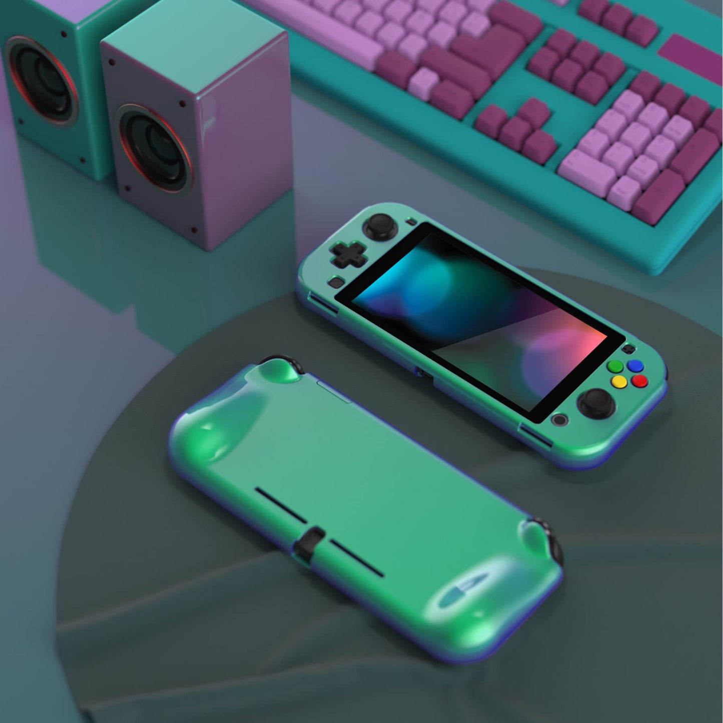 PlayVital ZealProtect Glossy Case for Nintendo Switch Lite - Ergonomic Hard Shell Cover with Screen Protector & Thumb Grip Caps, Chameleon Green Purple