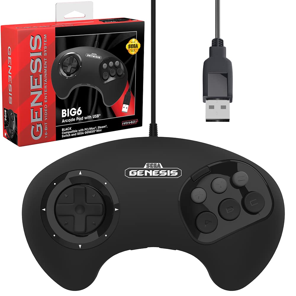 Retro-Bit BIG6 USB Arcade Controller Pad for Sega Genesis Mini, Switch, PC & Raspberry Pi - Black