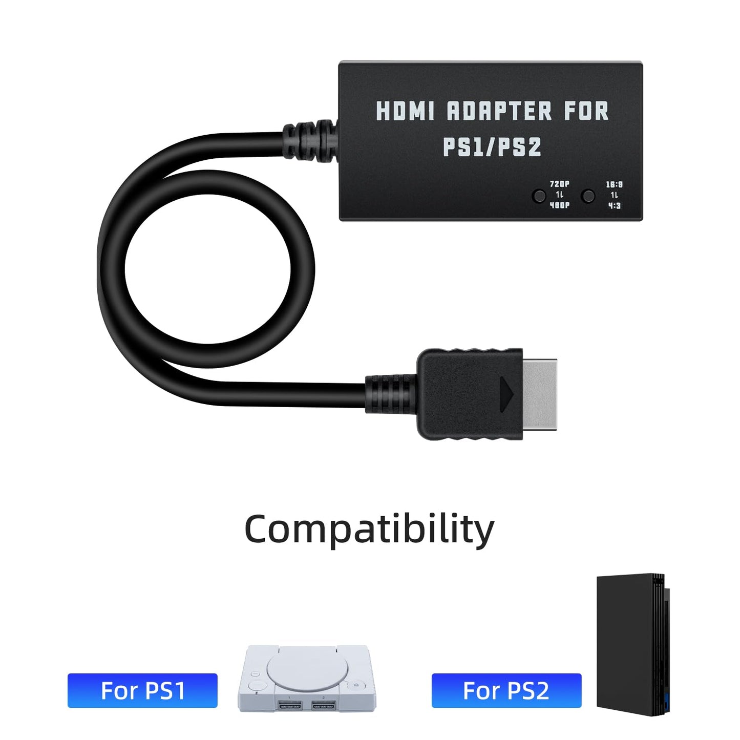 Mcbazel HDMI Adapter for PS2/PS1 - 480p/720p Support, 4:3/16:9 Aspect Ratio, Black, Model MT-010014