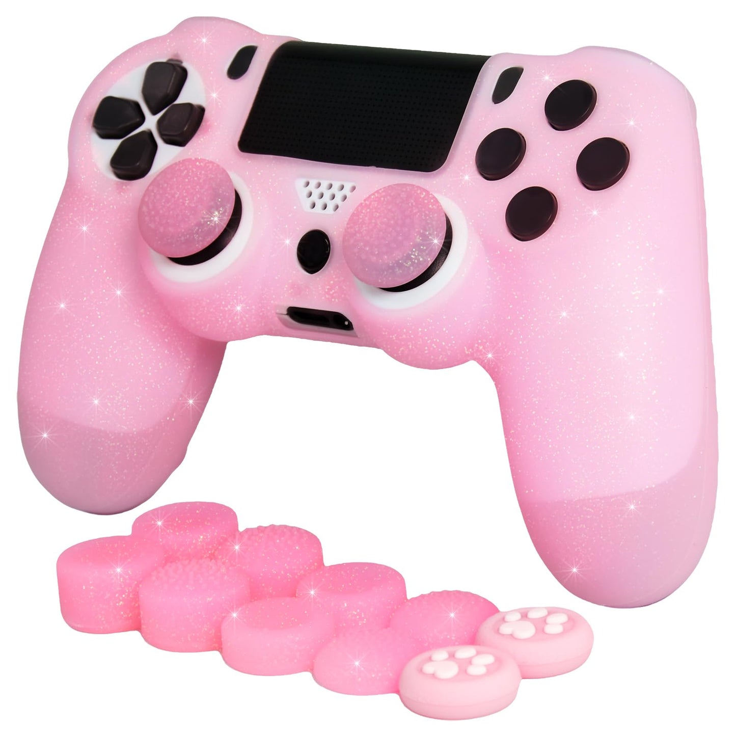 HLRAO Pink Glitter Anti-Slip Protective Silicone Cover Skin Grips Compatible with PS4/Slim/Pro Controller 8 PCS Glitter Thumb Grips Caps and 2 Grips Caps. (Glitter Pink)