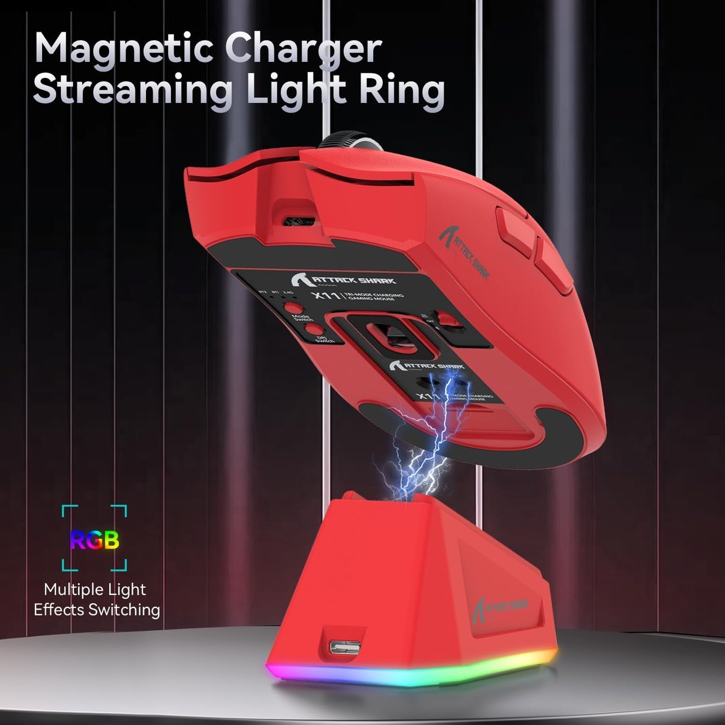 ATTACK SHARK X11 Ultra-Light Gaming Mouse - 22K DPI, 5 Programmable Buttons, Magnetic Charging Stand, Red