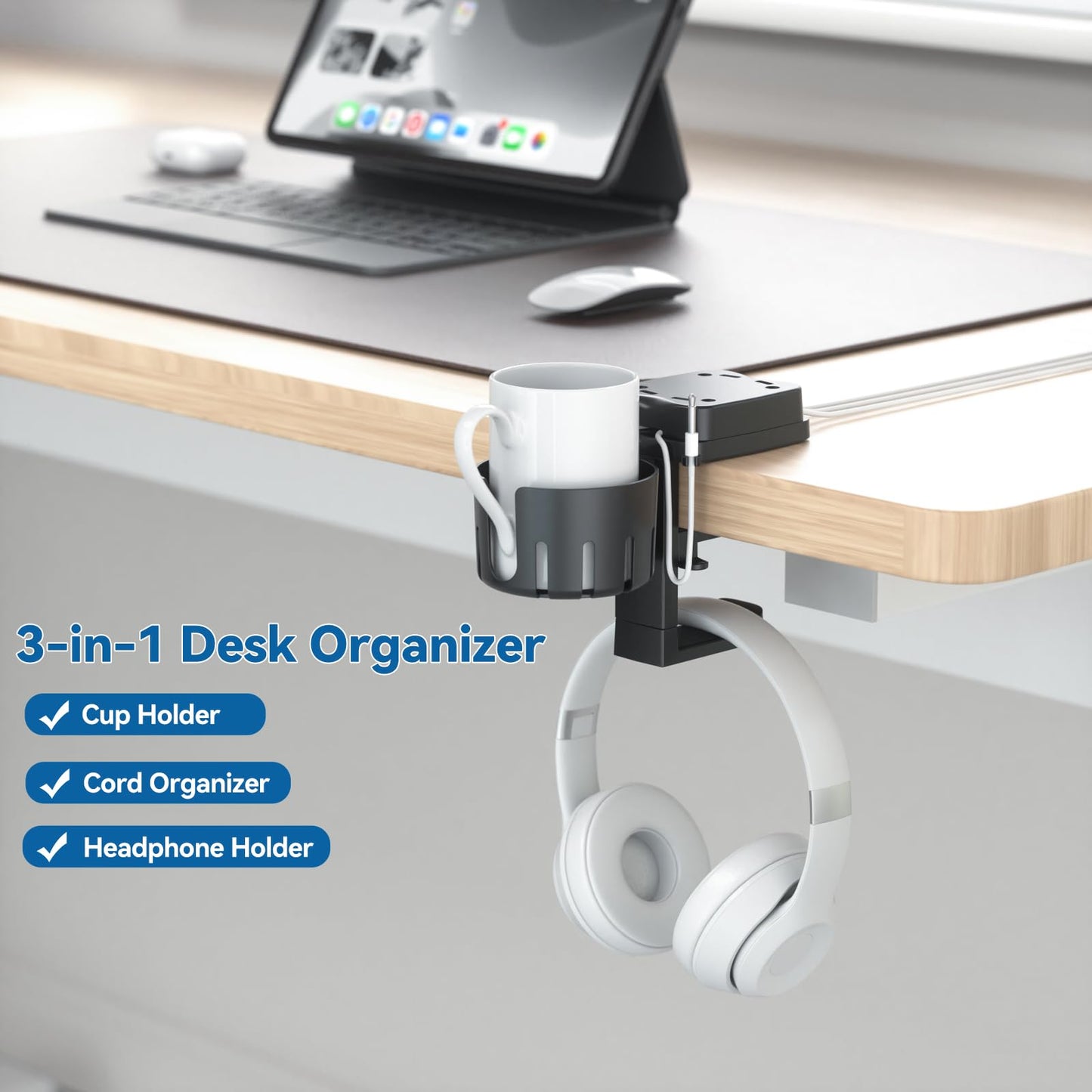 KDD 3 in 1 Headphone Hanger & Cup Holder - Rotatable Desk Organizer, Black
