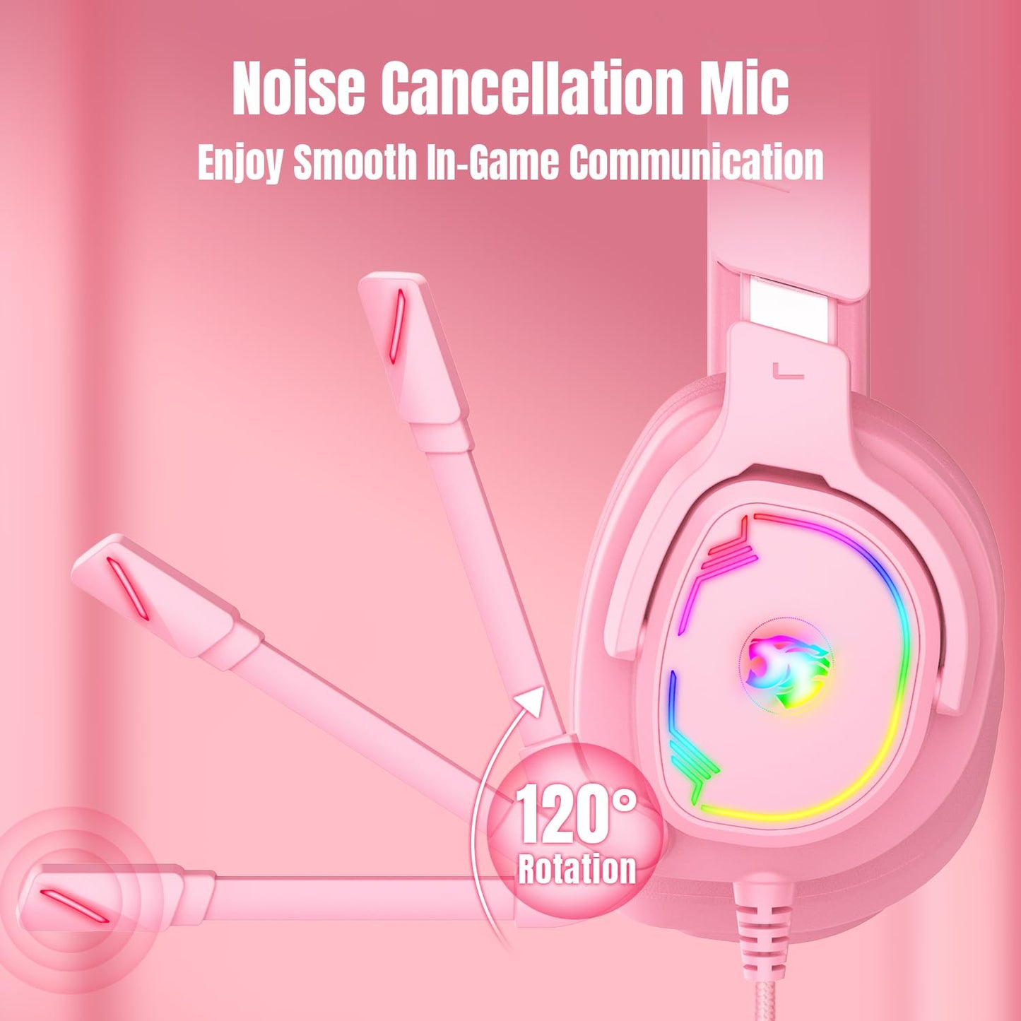 Jimonyer Gaming Headset - Stereo Surround Sound, Noise Canceling Mic, RGB Light, 3.5mm Jack, PinkCat, Model A82