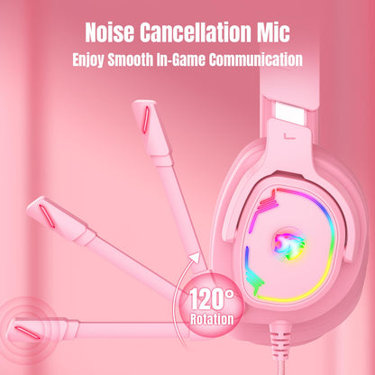 Jimonyer Gaming Headset - Stereo Surround Sound, Noise Canceling Mic, RGB Light, 3.5mm Jack, PinkCat, Model A82