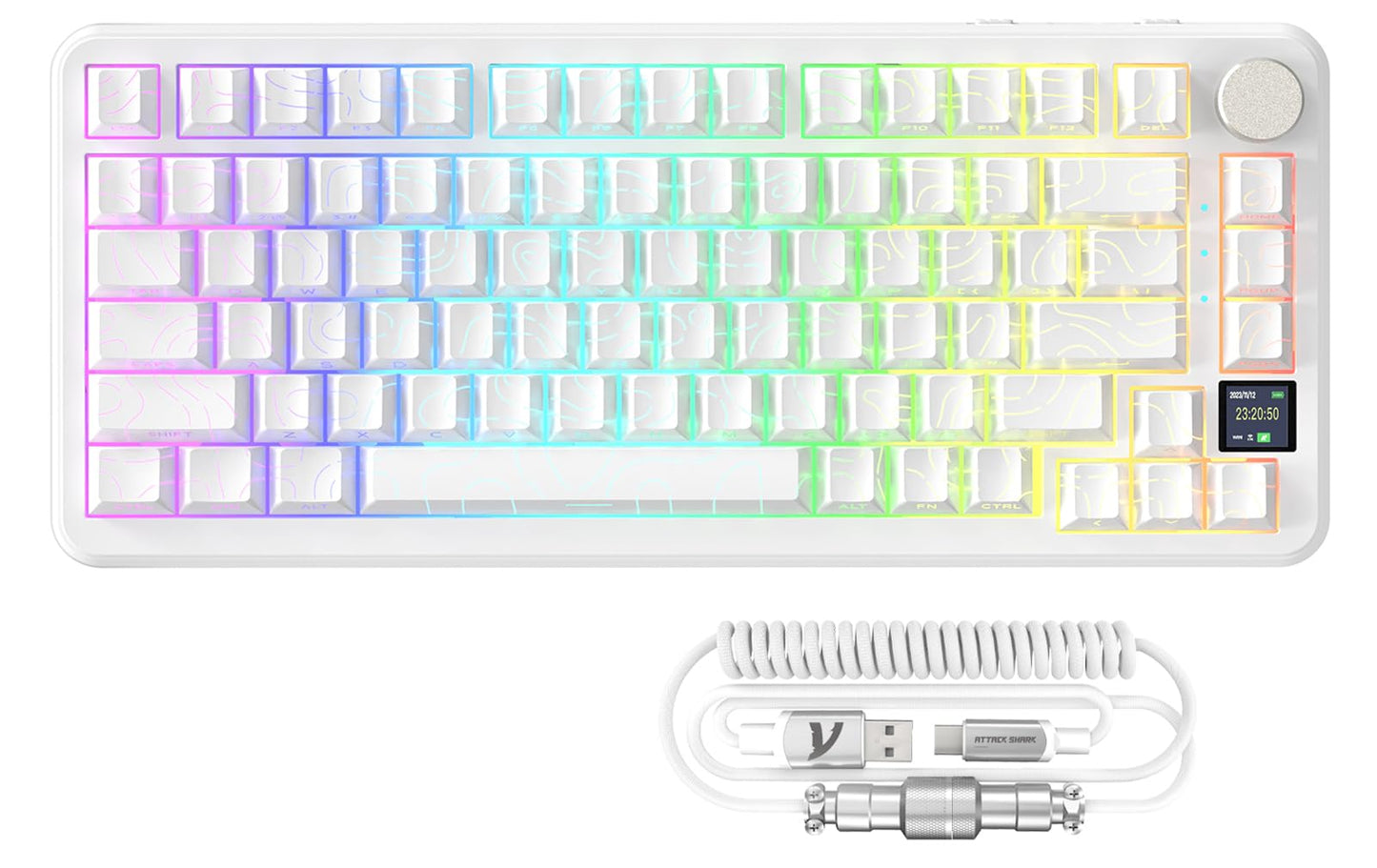 ATTACK SHARK X85PRO 75% Wireless Mechanical Keyboard TFT Smart Display & Knob BT/2.4GHz/Wired Gaming Keyboard Contour Side Print Shine-through Keycaps RGB Hot-Swap with Pro Cable  for PC/MAC (White)