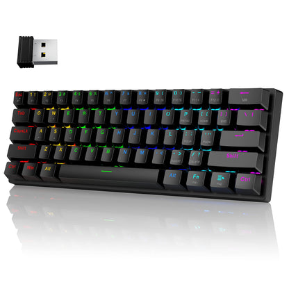 Pauroty 60% Wireless Mechanical Keyboard, RGB Backlit, Clicky Blue Switch, Mini 61 Keys, 2.4G/USB-C/Bluetooth, Black, Model PC335