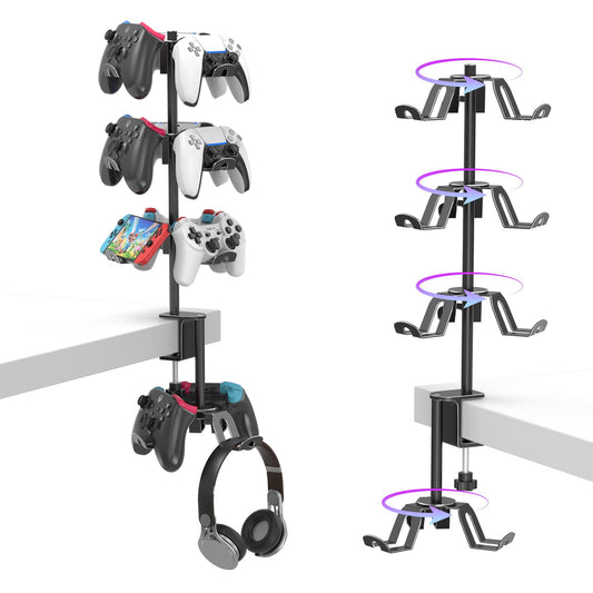 DGPCT Rotatable 4 Tier Desk Clamp Headset Stand for PS5, Xbox, PC - Black Aluminum Gaming Headphone Hanger