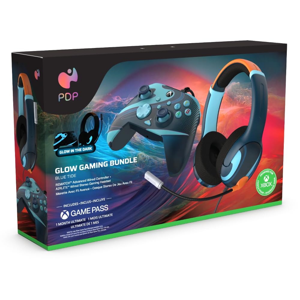 PDP Blue Tide Bundle Pack: Rematch Glow Wired Controller & AIRLITE Headset for Xbox Series X|S, Xbox One, & PC - Glow in the Dark