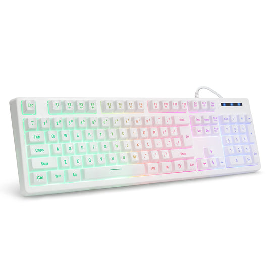 HUO JI White Gaming Keyboard USB Wired with Rainbow LED Backlit  Floating Keys  Mechanical Feeling  Spill Resistant  Ergonomic for Xbox  PS Series  Desktop  Computer  PC