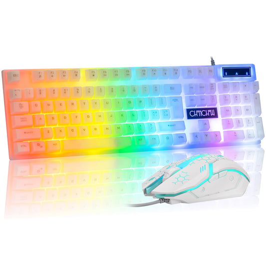 CHONCHOW LED Keyboard and Mouse  104 Keys Rainbow Backlit Keyboard and 7 Color RGB Mouse  White Gaming Keyboard and Mouse Combo for PC Laptop Xbox PS4 Gamers and Work