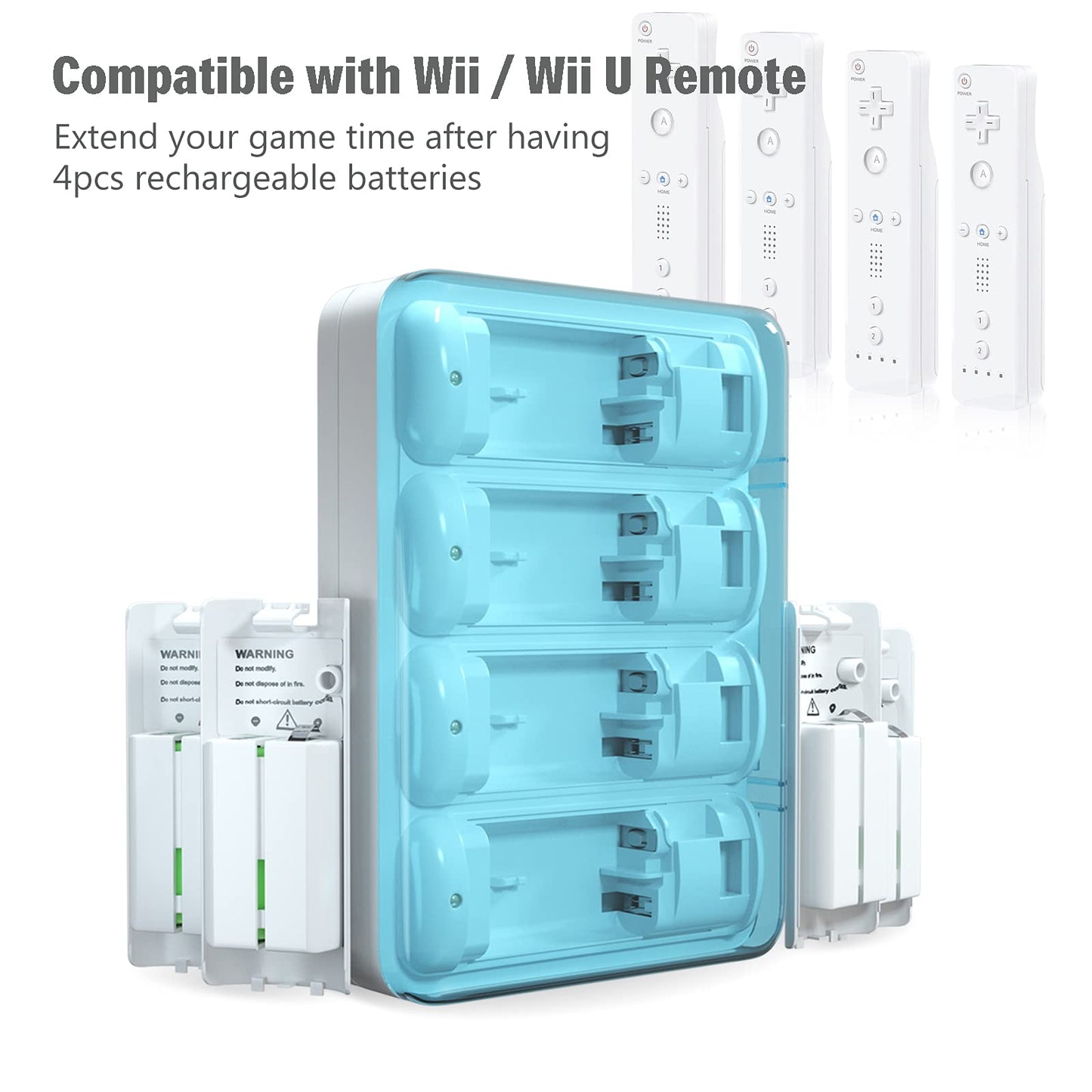 NATNO Wii & Wii U Controller Battery Charger - 4pcs 2800mAh NiMH Packs with 4-in-1 Charging Station, White