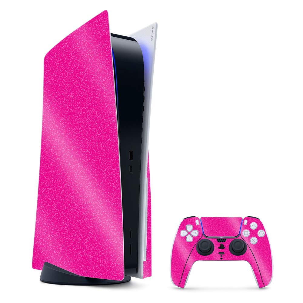 MightySkins Glossy Glitter Gaming Skin for PS5 / PlayStation 5 Bundle - Solid Hot Pink | Durable High-Gloss Glitter Finish | Easy to Apply and Change Style | Made in The USA