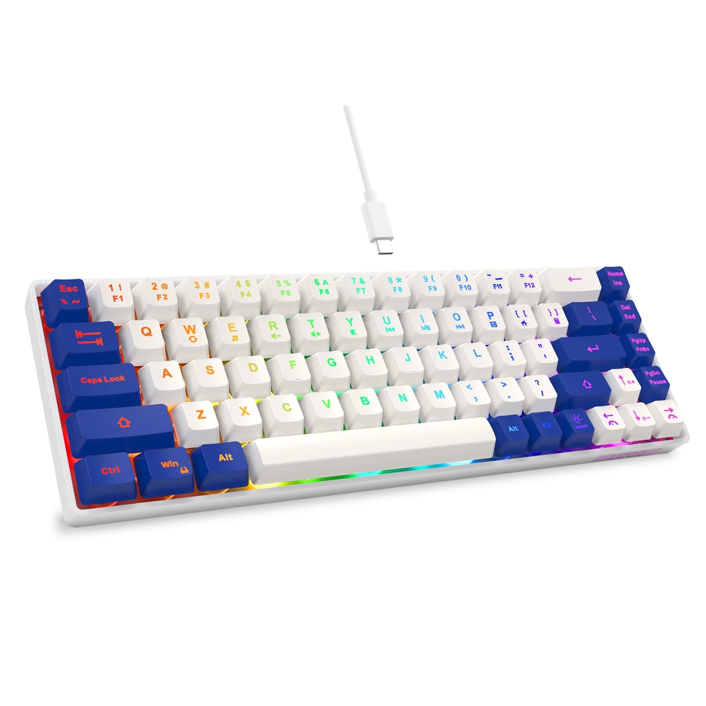 GEODMAER 65% Gaming Keyboard  LED Backlit Mini Wired Keyboard  Ultra-Compact Anti-Ghosting No-Conflict 68 Keys Membrane Gaming Wired Keyboard for PC Laptop Windows Gamer(White-Blue)